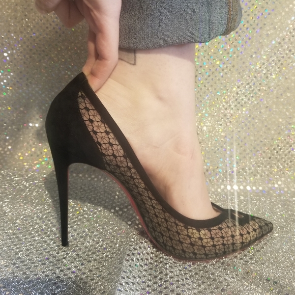 Louboutin Black Lace and Suede Neoalto 100mm Dentelle Resille Complete Set - Picture 12 of 14